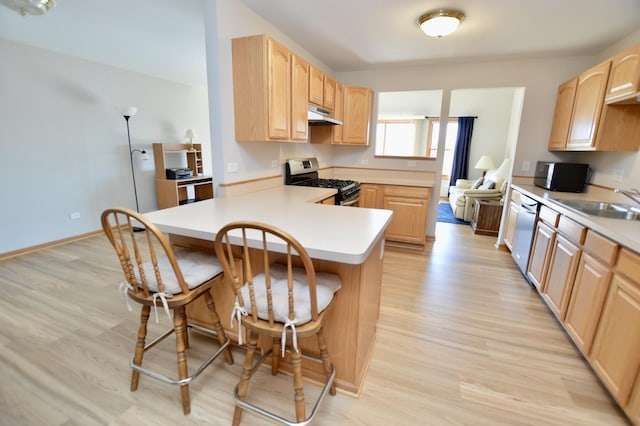 kitchen featuring under cabinet range hood, a sink, stainless steel appliances, and light brown cabinetry