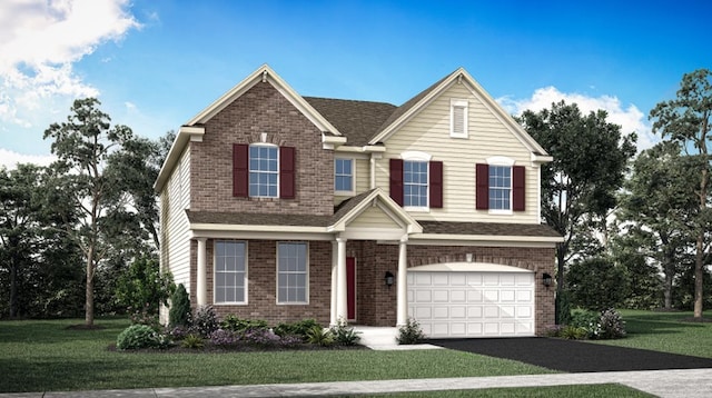 view of front of property featuring driveway, a garage, a front lawn, and brick siding