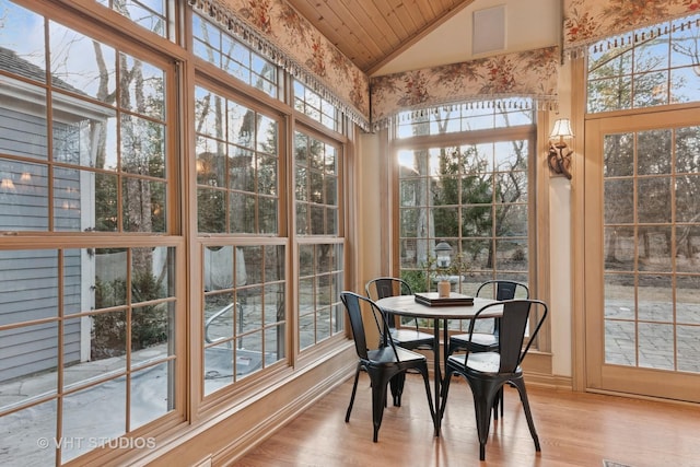 sunroom with lofted ceiling and wood ceiling