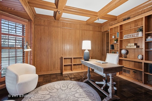 office with wood walls, coffered ceiling, and beam ceiling