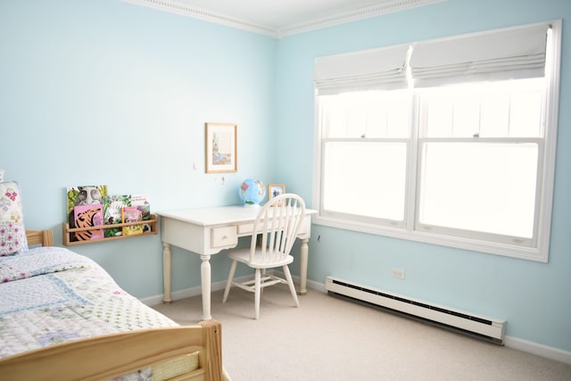 bedroom with baseboards, carpet floors, baseboard heating, and crown molding