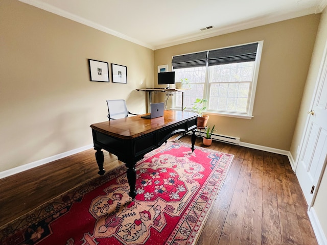 office with visible vents, baseboards, baseboard heating, wood-type flooring, and crown molding