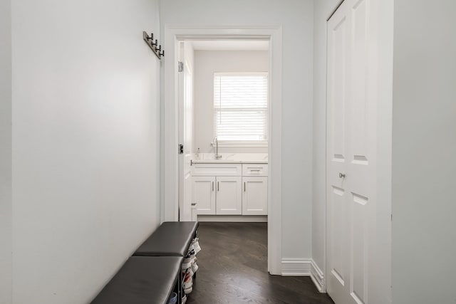 hallway featuring dark wood-style flooring and a sink