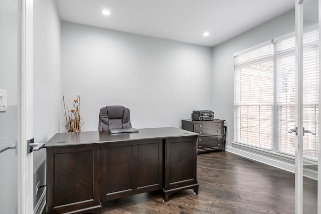 office with dark wood-type flooring, visible vents, and recessed lighting