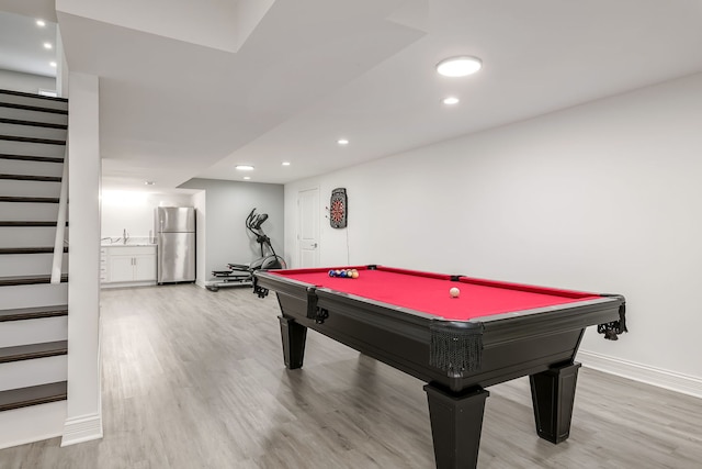 recreation room with recessed lighting, pool table, a sink, wood finished floors, and baseboards