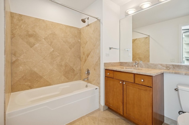 full bath with toilet, washtub / shower combination, vanity, and tile patterned floors