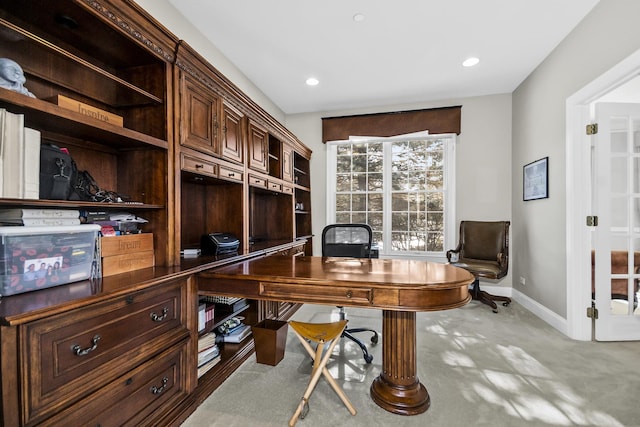 office space with recessed lighting and baseboards