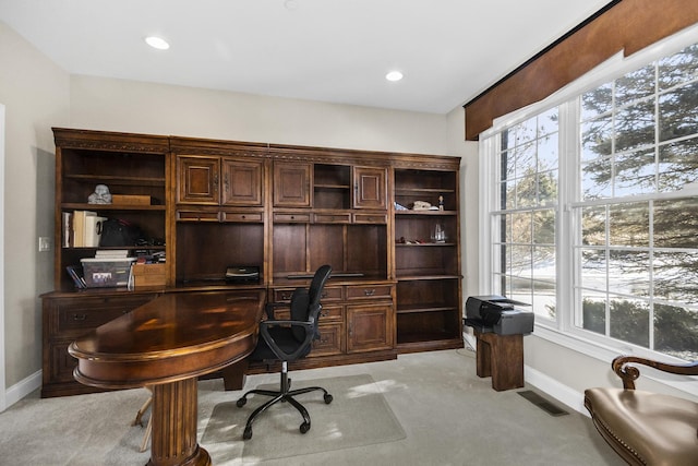 office area with light colored carpet, visible vents, baseboards, and recessed lighting