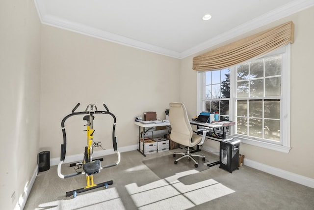 office space with baseboards, ornamental molding, and carpet flooring