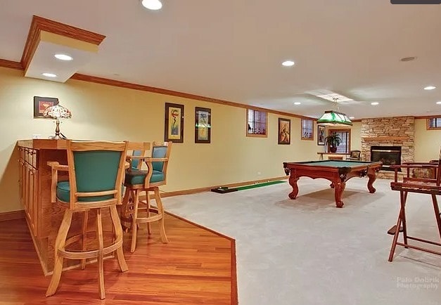 game room with pool table, ornamental molding, recessed lighting, and baseboards