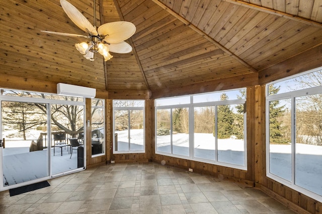 unfurnished sunroom featuring a wall unit AC, wooden ceiling, ceiling fan, and vaulted ceiling