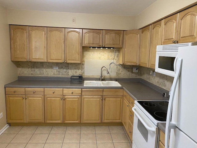 kitchen featuring dark countertops, white appliances, a sink, and backsplash