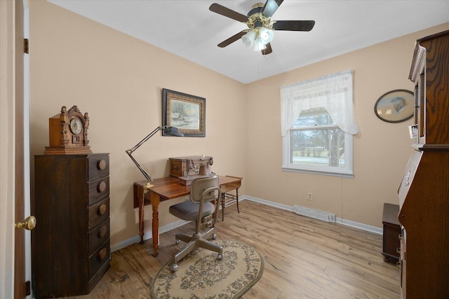 office area featuring ceiling fan, visible vents, baseboards, and light wood-style flooring