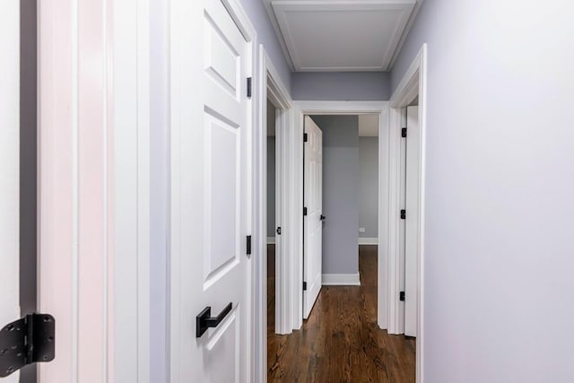 hallway with dark wood-style floors and baseboards