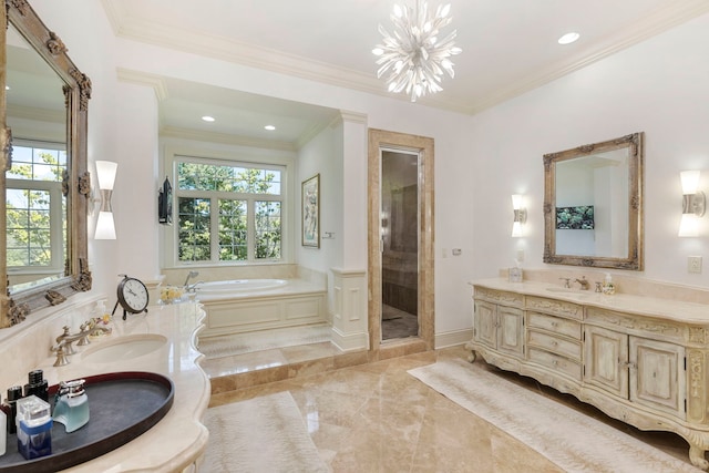 full bathroom with an inviting chandelier, ornamental molding, vanity, a shower stall, and a bath