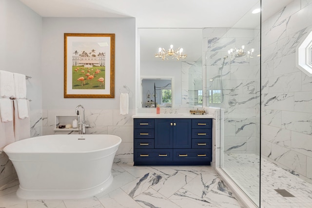 full bathroom featuring a freestanding tub, a wainscoted wall, vanity, marble finish floor, and a marble finish shower