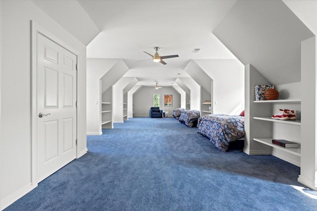 bedroom with carpet, visible vents, vaulted ceiling, ceiling fan, and baseboards