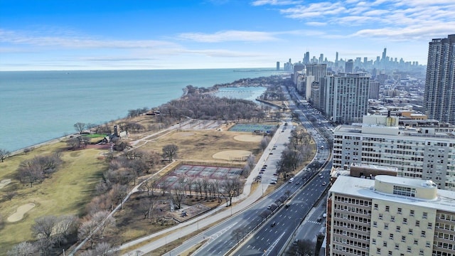 aerial view with a city view and a water view