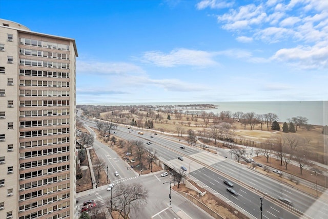 aerial view featuring a water view