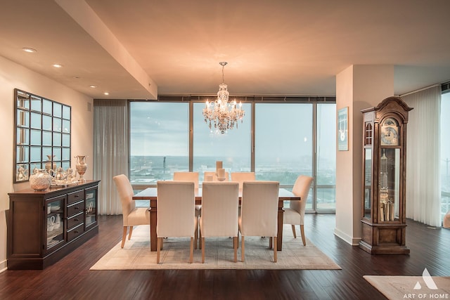 dining area featuring a notable chandelier, a healthy amount of sunlight, a wall of windows, and wood finished floors