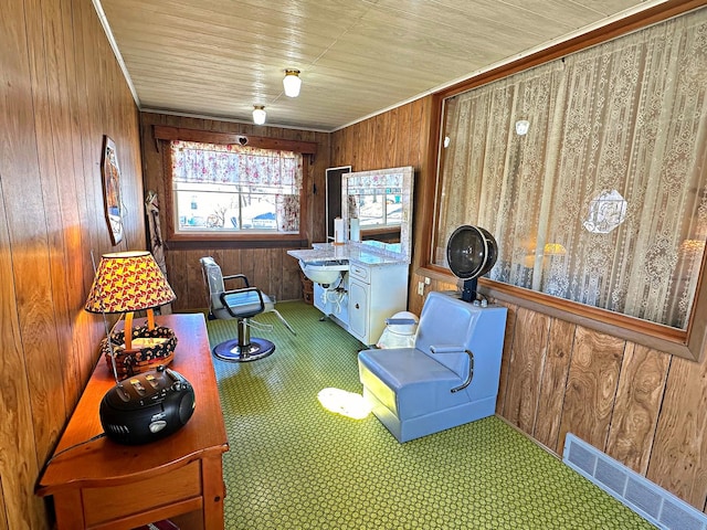 misc room featuring visible vents and wood walls