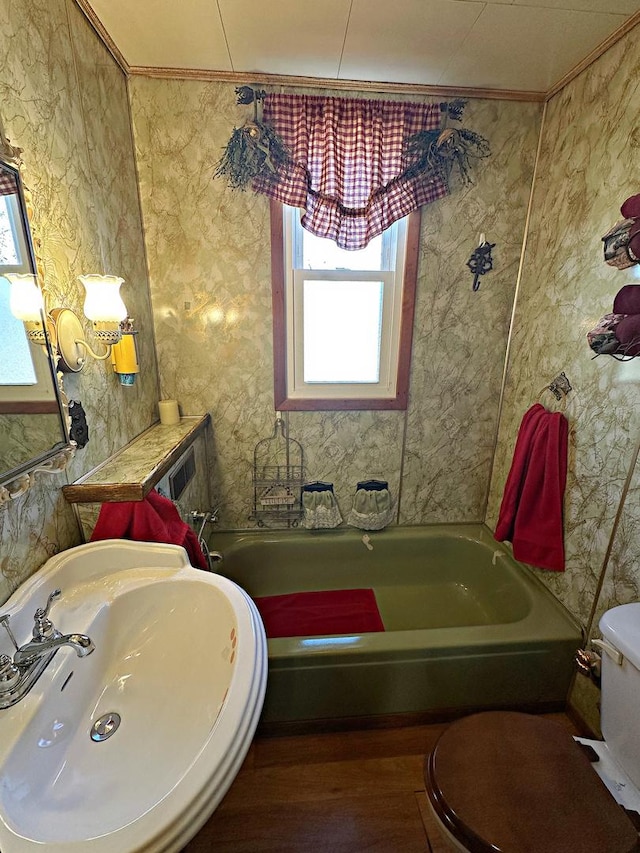 bathroom with wood finished floors, toilet, crown molding, and a sink