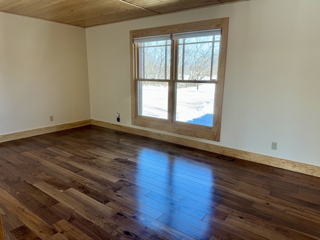 unfurnished room featuring visible vents, dark wood-type flooring, wood ceiling, and baseboards