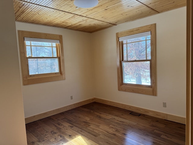 spare room with visible vents, dark wood-style flooring, and wood ceiling