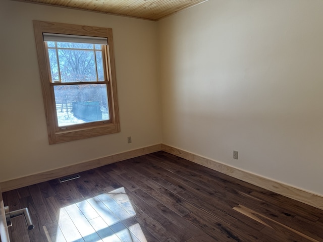 unfurnished room featuring dark wood-style floors, wooden ceiling, visible vents, and baseboards