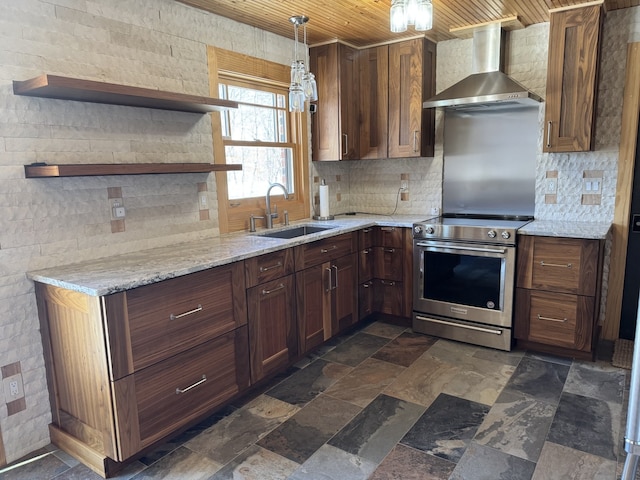 kitchen with stainless steel electric stove, backsplash, a sink, wooden ceiling, and wall chimney exhaust hood