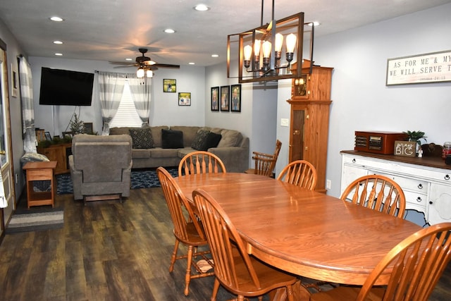 dining area with a ceiling fan, dark wood-type flooring, and recessed lighting