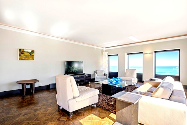 living room with ornamental molding and baseboards