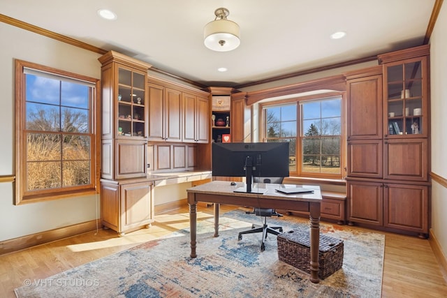 office area featuring recessed lighting, baseboards, light wood-style floors, and ornamental molding