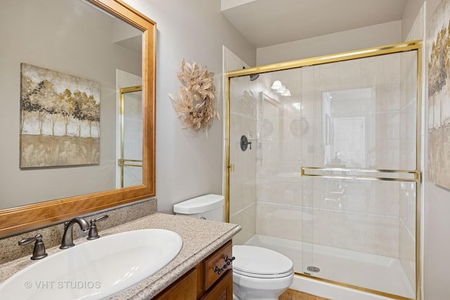 bathroom with vanity, toilet, and a shower stall