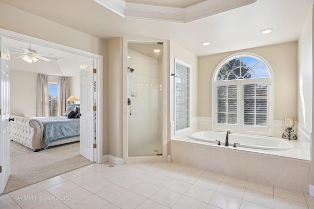 full bathroom with a garden tub, ensuite bath, a shower stall, and tile patterned flooring