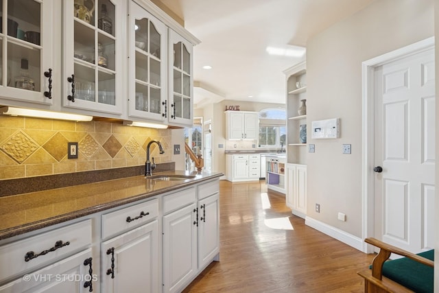 kitchen with a sink, open shelves, tasteful backsplash, and wood finished floors