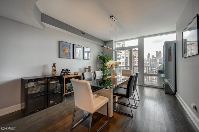 dining space with a wall of windows, baseboards, and dark wood finished floors