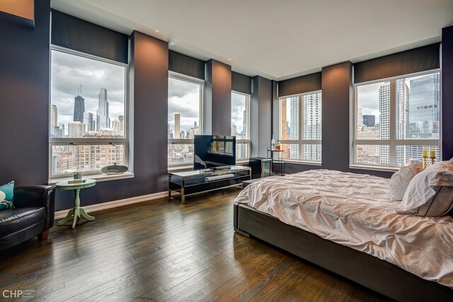 bedroom with baseboards and dark wood-type flooring