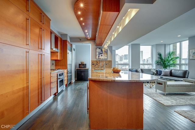 kitchen with brown cabinetry, stainless steel appliances, decorative backsplash, dark wood-type flooring, and a sink