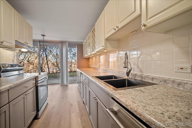 kitchen featuring under cabinet range hood, stainless steel appliances, a sink, backsplash, and expansive windows