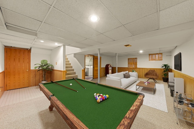 rec room with carpet, a wainscoted wall, recessed lighting, a paneled ceiling, and wooden walls