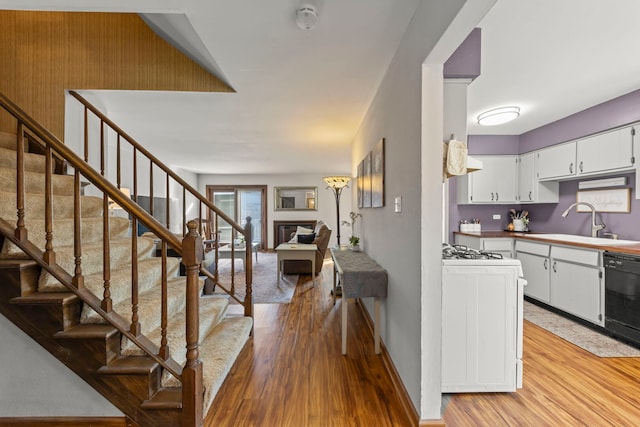 kitchen featuring light wood finished floors, a glass covered fireplace, white cabinets, a sink, and dishwasher