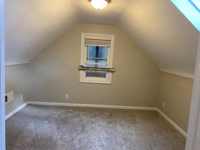 additional living space with carpet floors, visible vents, baseboards, and vaulted ceiling