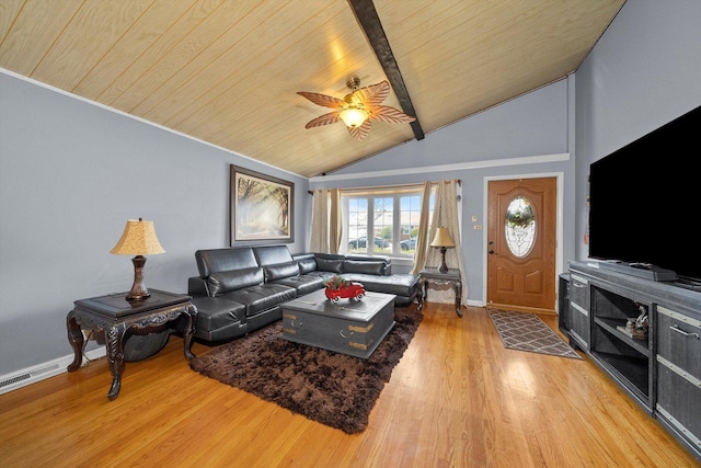 living room with lofted ceiling, wood finished floors, wood ceiling, baseboards, and a ceiling fan