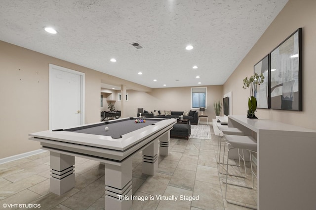 game room with billiards, baseboards, visible vents, a textured ceiling, and recessed lighting