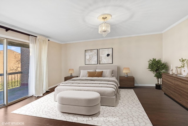 bedroom featuring baseboards, dark wood finished floors, ornamental molding, access to exterior, and an inviting chandelier