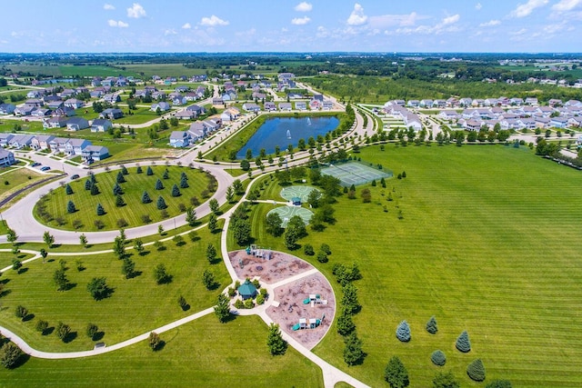 aerial view with a water view and a residential view