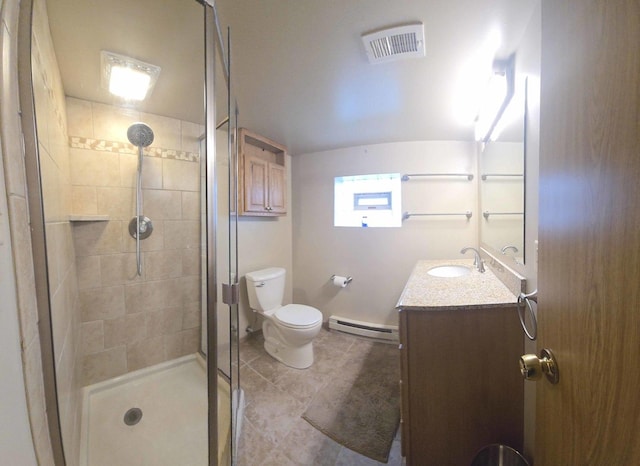 full bathroom featuring a stall shower, visible vents, toilet, baseboard heating, and vanity