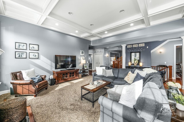 living room featuring decorative columns, baseboards, coffered ceiling, carpet floors, and recessed lighting