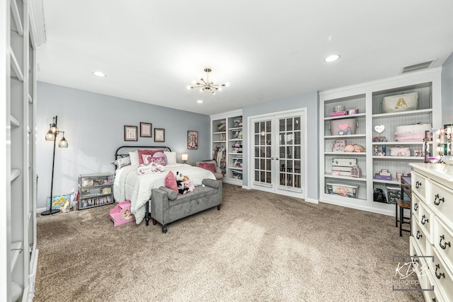 carpeted bedroom featuring a chandelier, recessed lighting, french doors, and visible vents